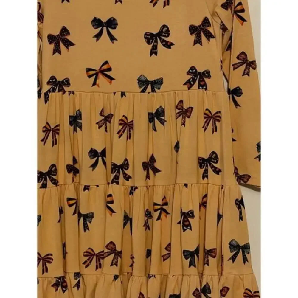 Minikin Mischief Girls Mustard Yellow Bow Print Long Sleeve Tiered Ruffle Dress